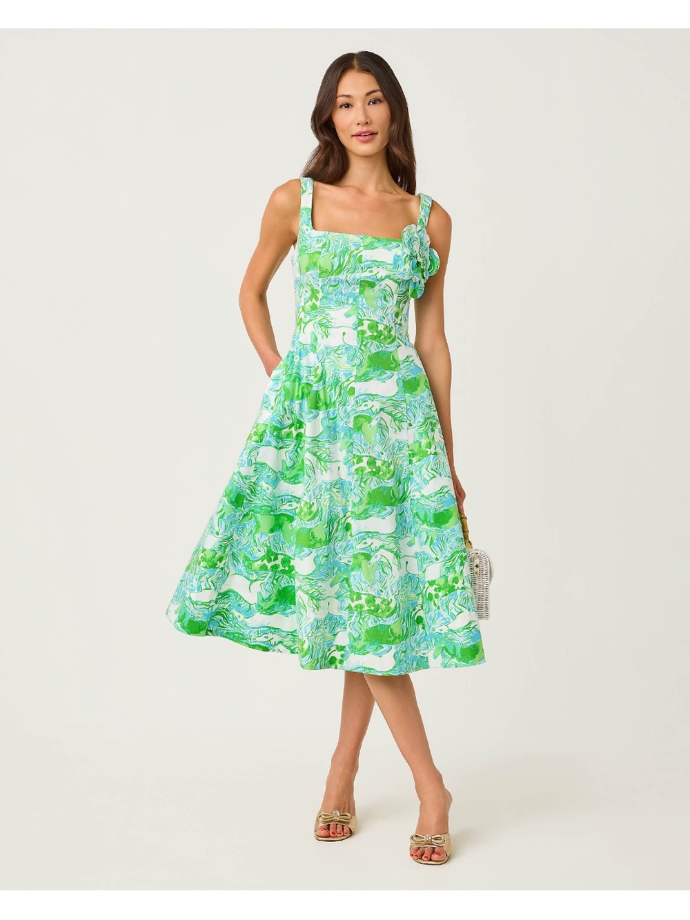 Sleeveless Floral A-Line Dress in Green and Aqua Lilly Pulitzer EUC 16